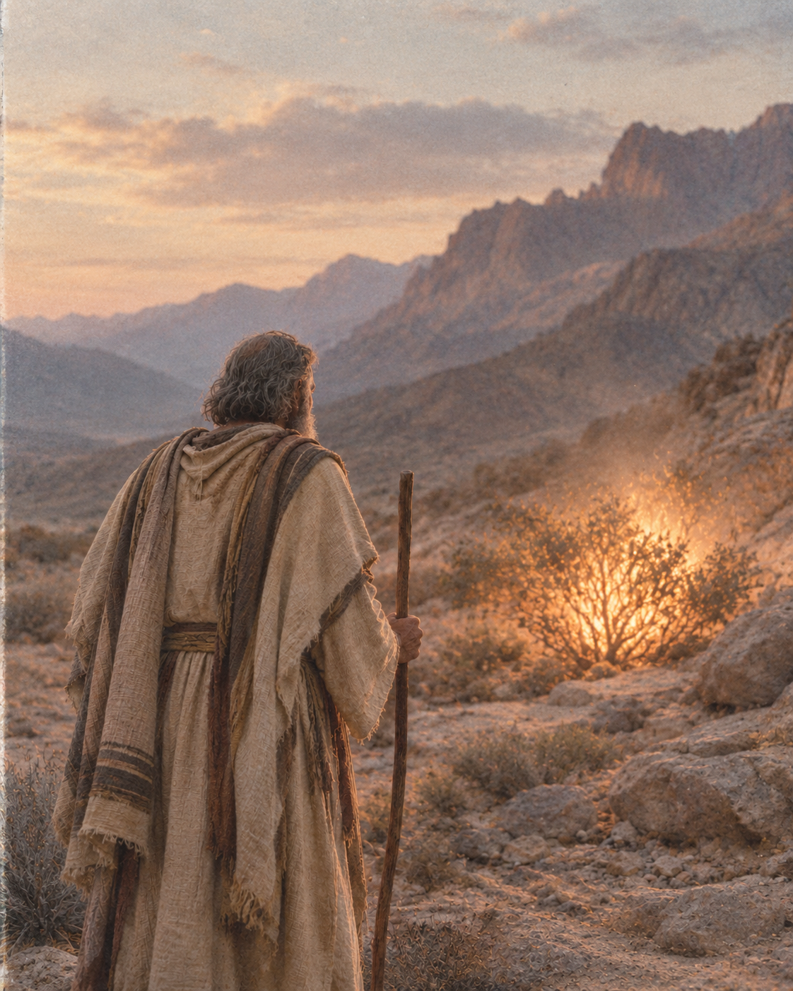 A shepherd pauses before a softly glowing bush in a quiet desert.